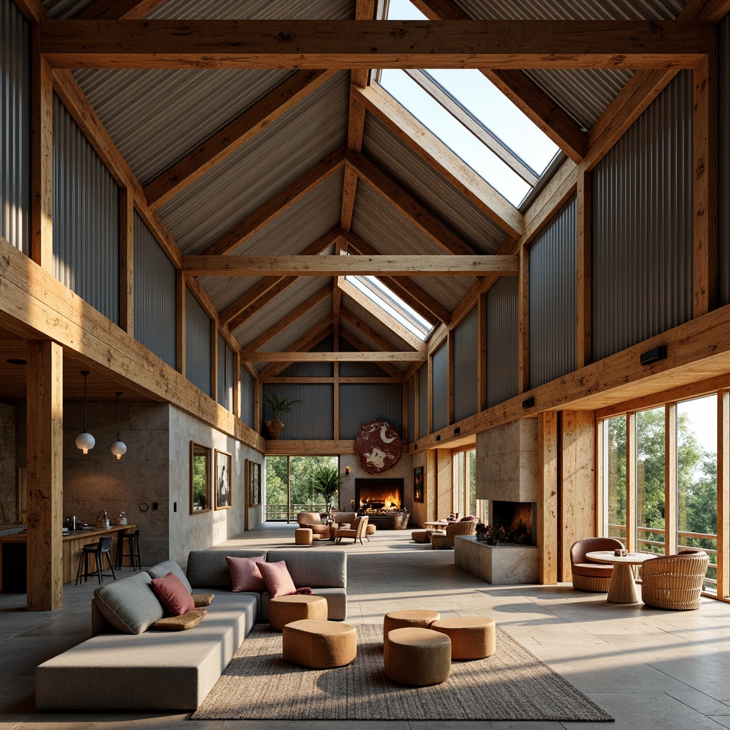 Prompt: Rustic barn, modernist architecture, asymmetrical rooflines, exposed wooden beams, corrugated metal roofing, industrial chic, reclaimed wood accents, natural stone walls, large skylights, clerestory windows, minimalist interior design, earthy color palette, warm ambient lighting, shallow depth of field, 1/1 composition, realistic textures, ambient occlusion.