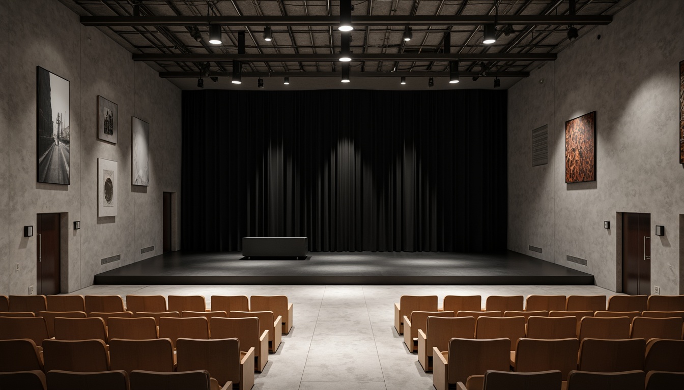 Prompt: Minimalist theater interior, concrete floors, industrial metal beams, exposed ductwork, simple wooden seats, sleek black stage, subtle LED lighting, neutral color palette, acoustic panels, sound-absorbing materials, minimalist decor, abstract artwork, modern architectural lines, functional simplicity, dramatic spotlights, high-contrast shadows, 1/1 composition, cinematic atmosphere, realistic textures, ambient occlusion.