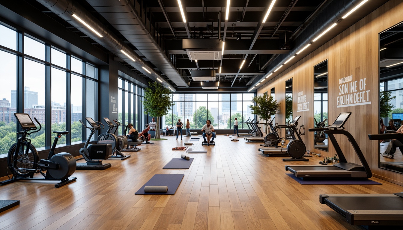 Prompt: Modern fitness studio, sleek wooden floors, mirrored walls, high ceilings, industrial lighting, motivational quotes, state-of-the-art equipment, free weights, treadmills, exercise bikes, yoga mats, resistance bands, sound systems, energetic color scheme, functional layout, open spaces, private training areas, floor-to-ceiling windows, natural light, urban views, 1/1 composition, shallow depth of field, realistic textures, ambient occlusion.