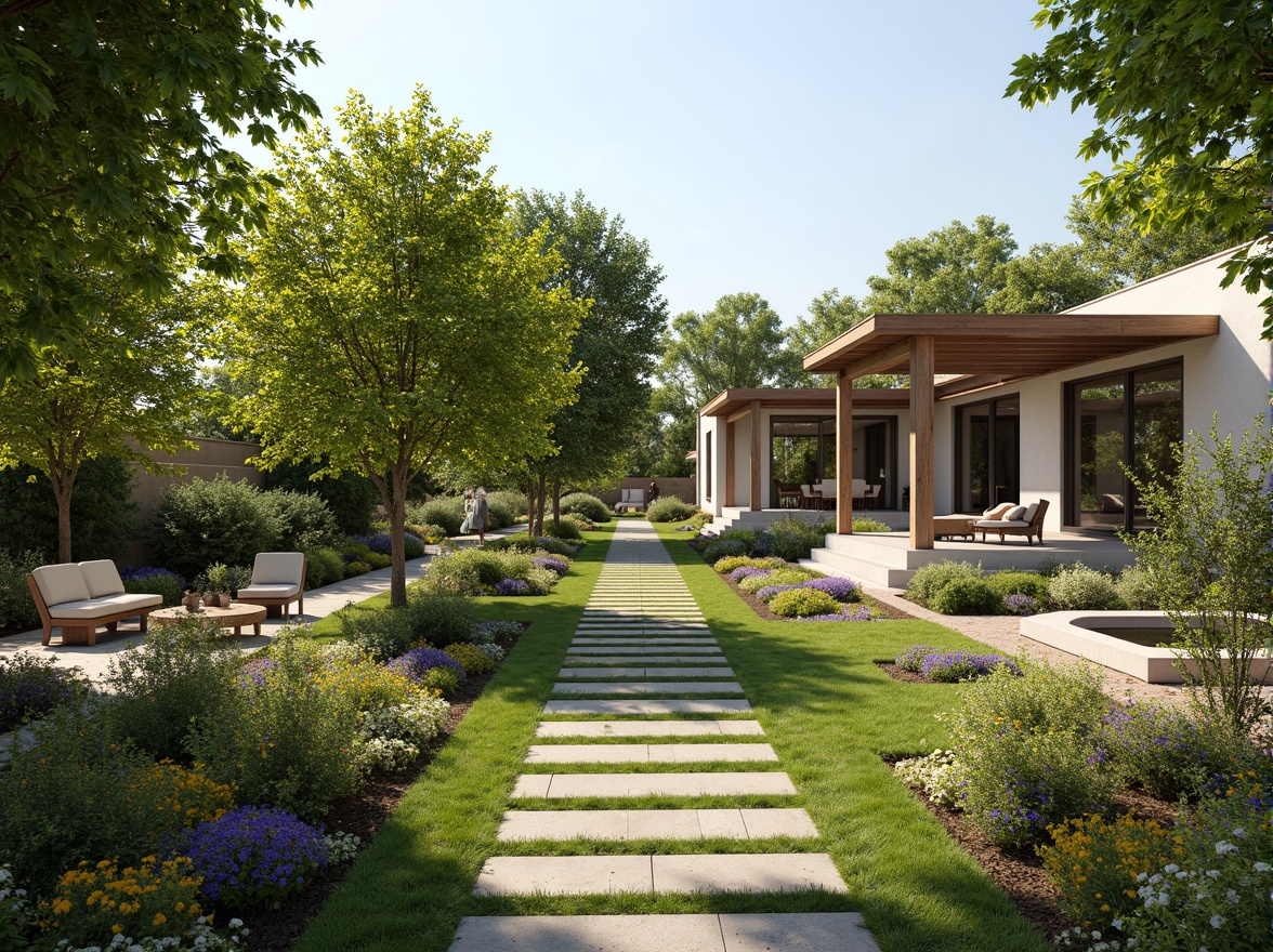 Prompt: Vibrant garden, lush greenery, blooming flowers, meandering pathways, wooden benches, natural stone walls, modern outdoor furniture, cantilevered roofs, floor-to-ceiling windows, sliding glass doors, warm sunny day, soft diffused lighting, shallow depth of field, 3/4 composition, panoramic view, realistic textures, ambient occlusion.