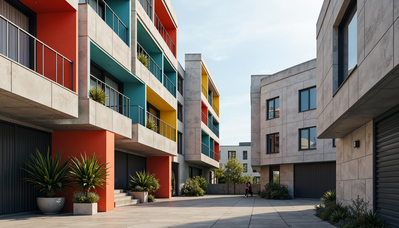 Prompt: Geometric facades, asymmetrical compositions, rectangular windows, industrial materials, raw concrete textures, bold color blocking, functional minimalism, clean lines, rectangular prisms, cantilevered roofs, open floor plans, natural light pouring, dramatic shadows, high-contrast lighting, 1/1 composition, symmetrical framing, abstract patterns, urban cityscape, modernist aesthetic, avant-garde spirit.