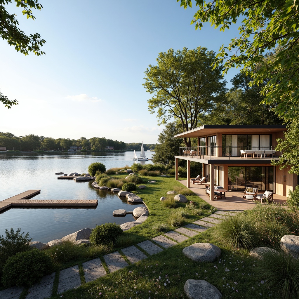 Prompt: Lakefront villa, serene water views, lush greenery, wooden docks, sailboats, calm lake surface, warm sunny day, soft natural lighting, shallow depth of field, 3/4 composition, panoramic view, realistic textures, ambient occlusion, modern minimalist architecture, large windows, sliding glass doors, outdoor living spaces, comfortable furniture, nature-inspired color palette, rustic wood accents, stone pathways, scenic walking trails.