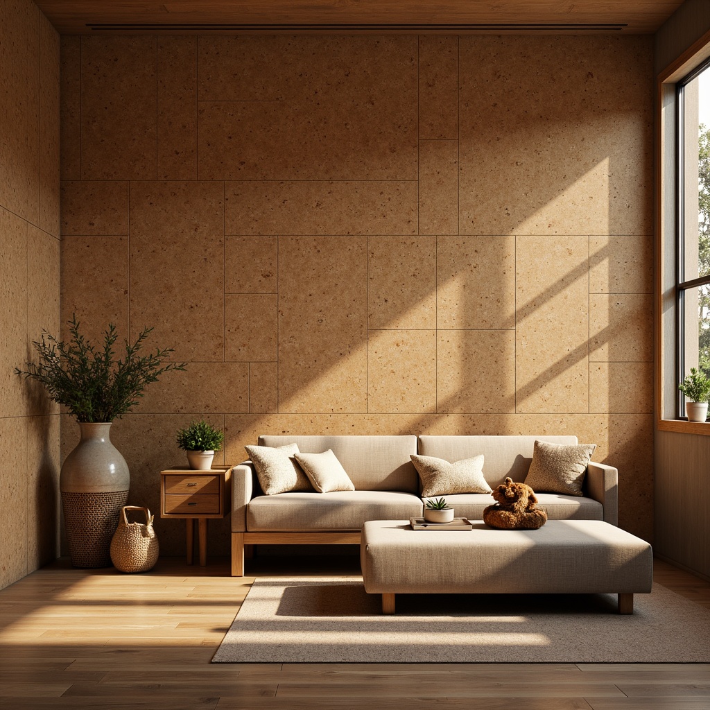 Prompt: Natural cork walls, earthy tones, organic textures, sustainable materials, eco-friendly design, warm ambient lighting, soft shadows, 3/4 composition, shallow depth of field, realistic renderings, subtle grain patterns, natural imperfections, rustic charm, cozy atmosphere, intimate spaces, minimalist decor, earthy color palette, nature-inspired accents.