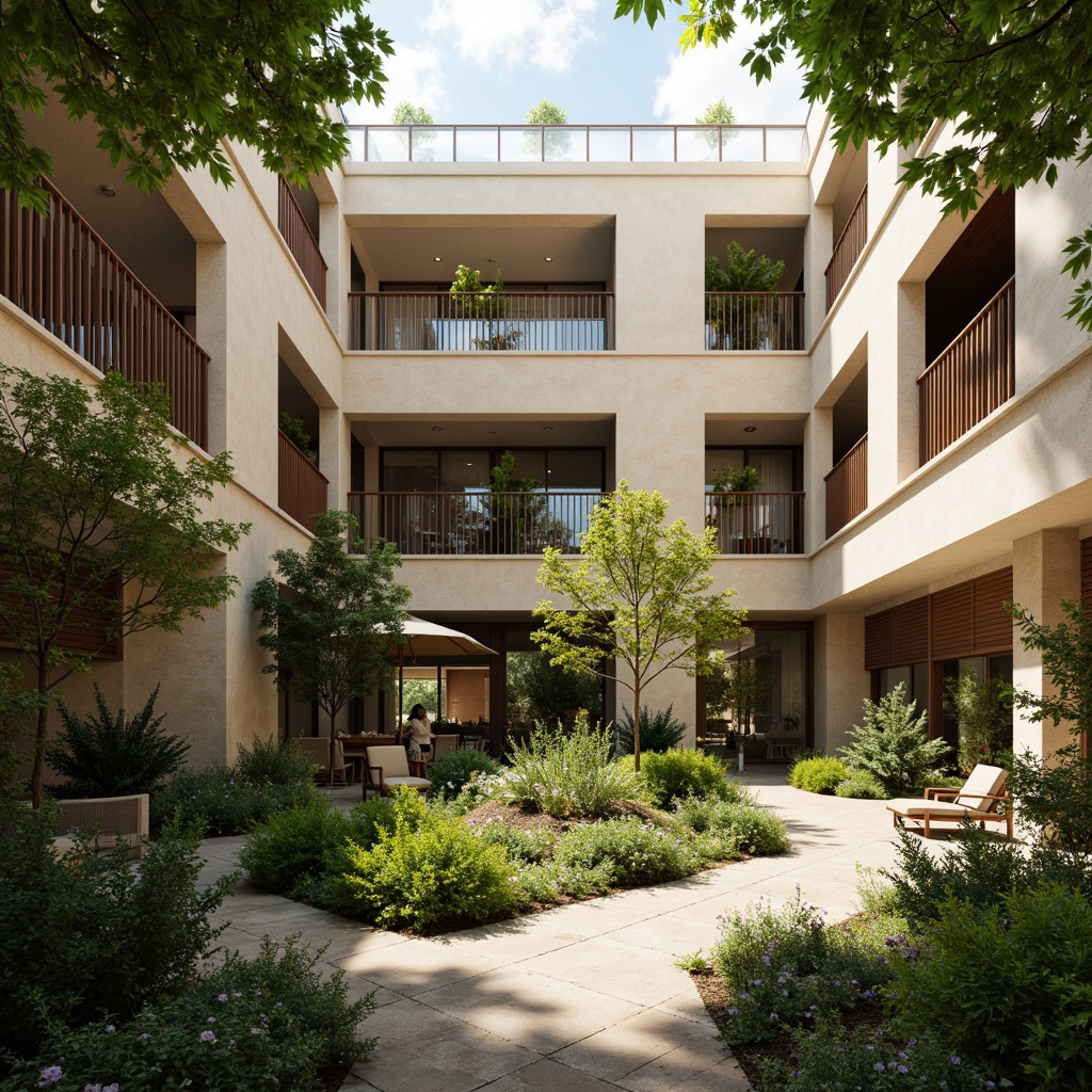 Prompt: Vibrant atrium, lush greenery, natural stone walls, wooden accents, floor-to-ceiling windows, clerestory windows, skylights, open spaces, minimalist decor, warm beige tones, soft diffused lighting, indirect sunlight, ambient shadows, 1/1 composition, shallow depth of field, realistic textures, subtle color palette, serene atmosphere, peaceful ambiance.