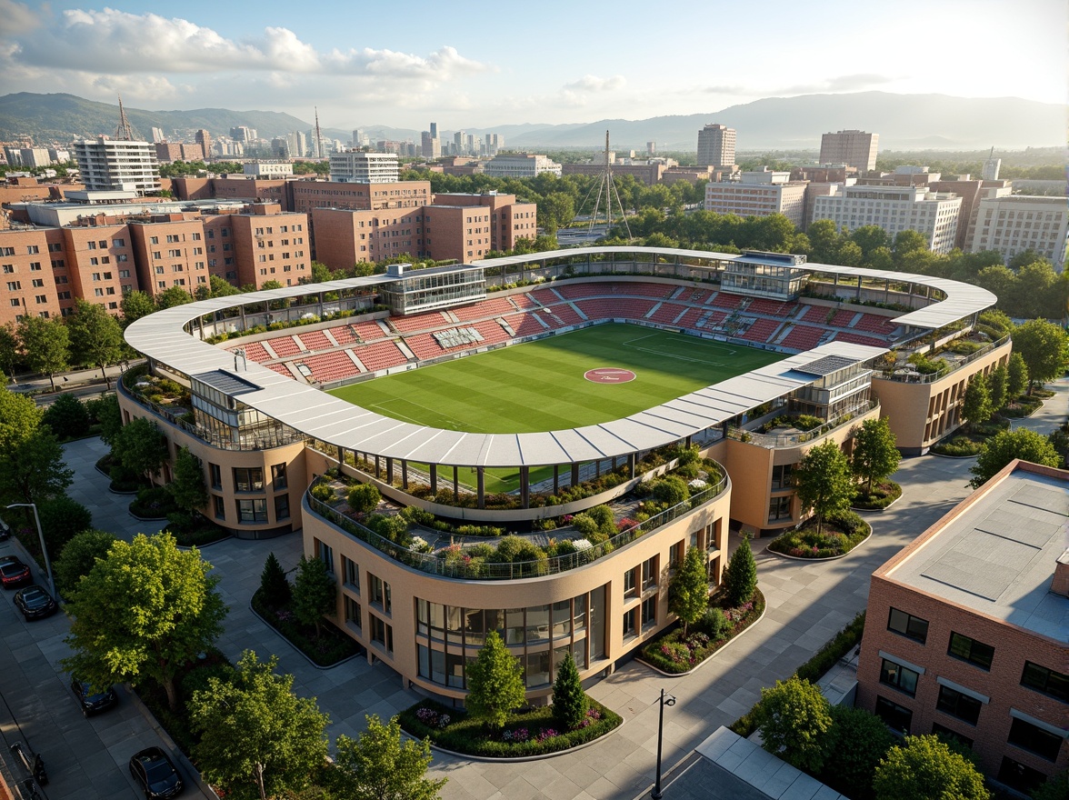 Prompt: Eco-friendly football stadium, social housing complex, green roofs, solar panels, wind turbines, rainwater harvesting systems, recycled materials, natural ventilation, large windows, minimal carbon footprint, community gardens, public art installations, vibrant street art, urban landscape, bustling city life, warm sunny day, soft diffused lighting, shallow depth of field, 3/4 composition, panoramic view, realistic textures, ambient occlusion.