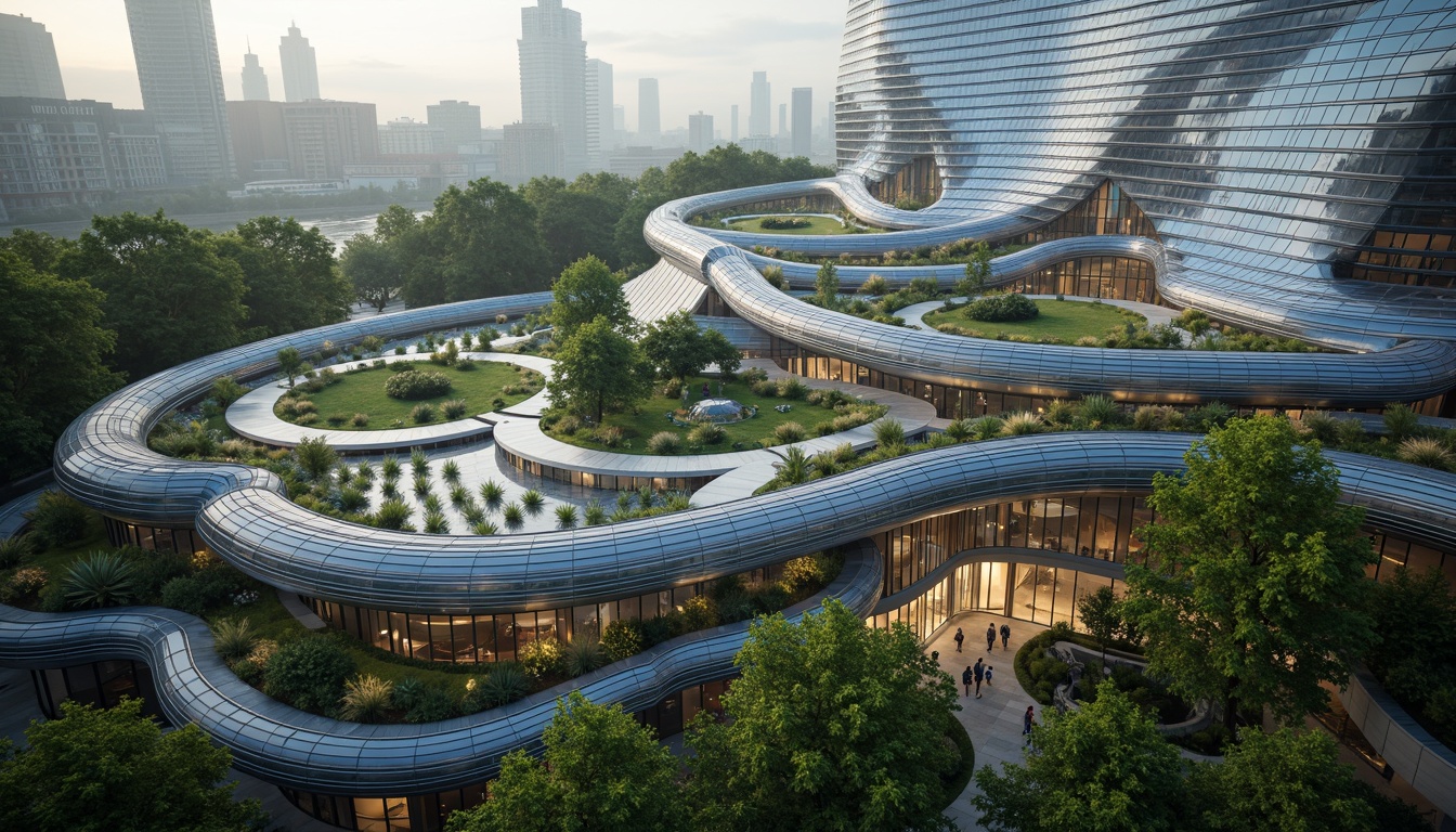 Prompt: Undulating curves, flowing lines, organic shapes, futuristic architecture, sleek metal buildings, iridescent glass facades, shimmering LED lights, dynamic movement, kinetic energy, fluidic forms, biomimetic design, sustainable materials, eco-friendly systems, verdant green roofs, misty atmospheric effects, soft warm lighting, shallow depth of field, 1/1 composition, realistic textures, ambient occlusion.