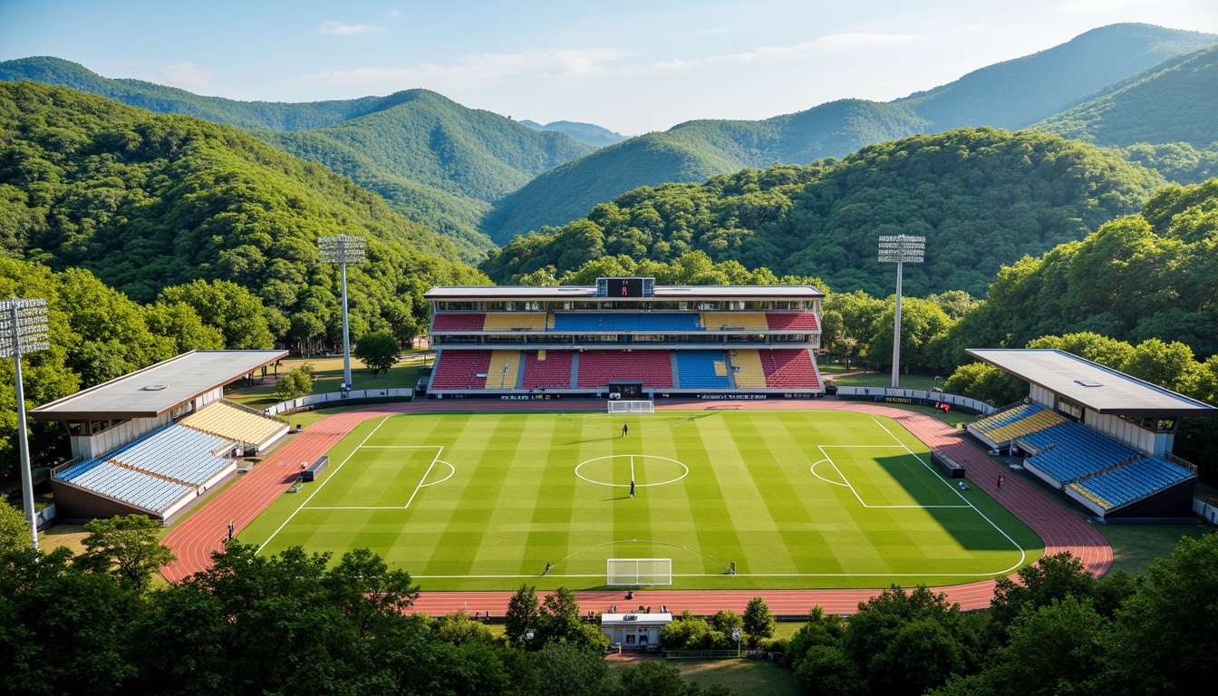 Prompt: Rolling hills, lush greenery, natural stone walls, modern soccer stadium, sleek curved lines, vibrant team colors, floodlights, scoreboard, spectator seats, grassy fields, athletic tracks, sports equipment, goalposts, nets, referees' uniforms, sunny day, soft warm lighting, shallow depth of field, 3/4 composition, panoramic view, realistic textures, ambient occlusion.