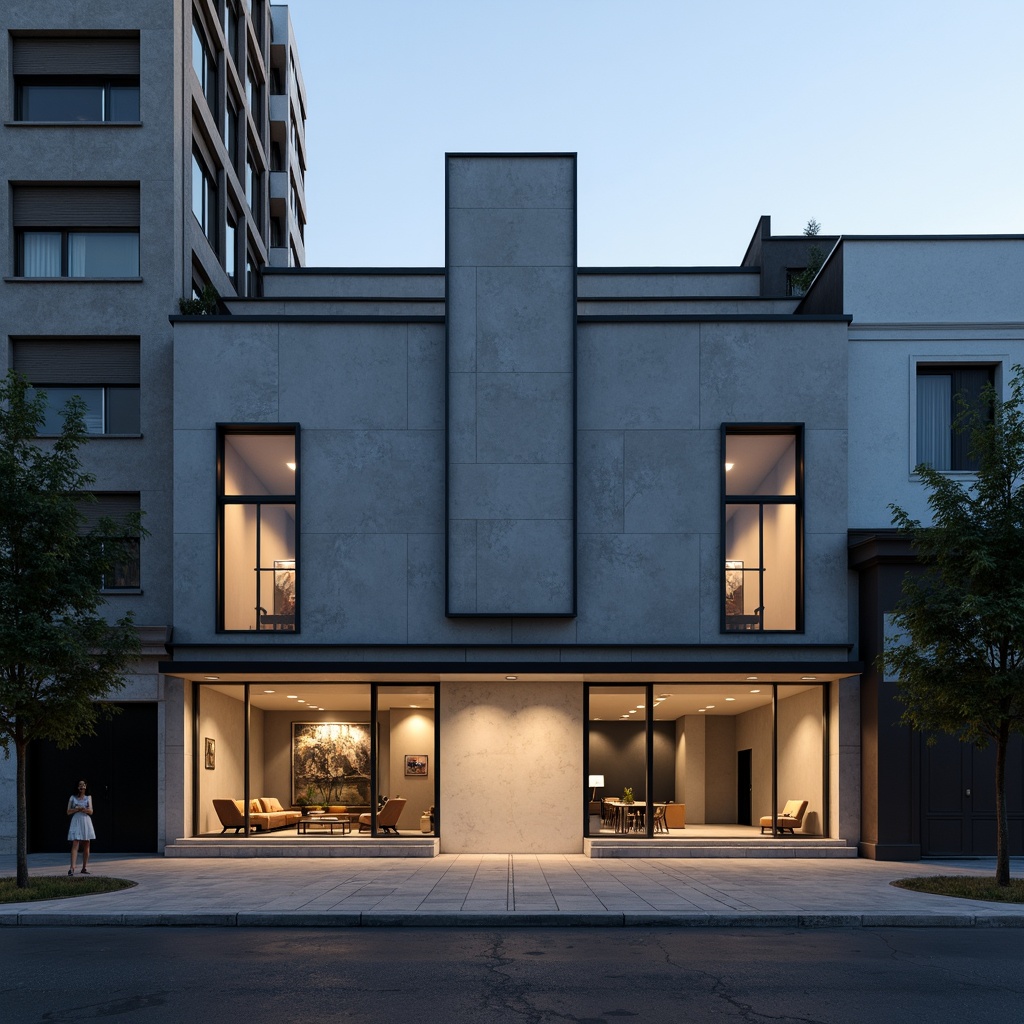 Prompt: Simple theater facade, minimalist architecture, clean lines, monochromatic color scheme, rectangular shapes, flat roofs, large glass windows, sliding doors, industrial materials, exposed concrete walls, subtle lighting, dramatic shadows, urban cityscape, evening atmosphere, soft box lights, 1/1 composition, realistic textures, ambient occlusion.