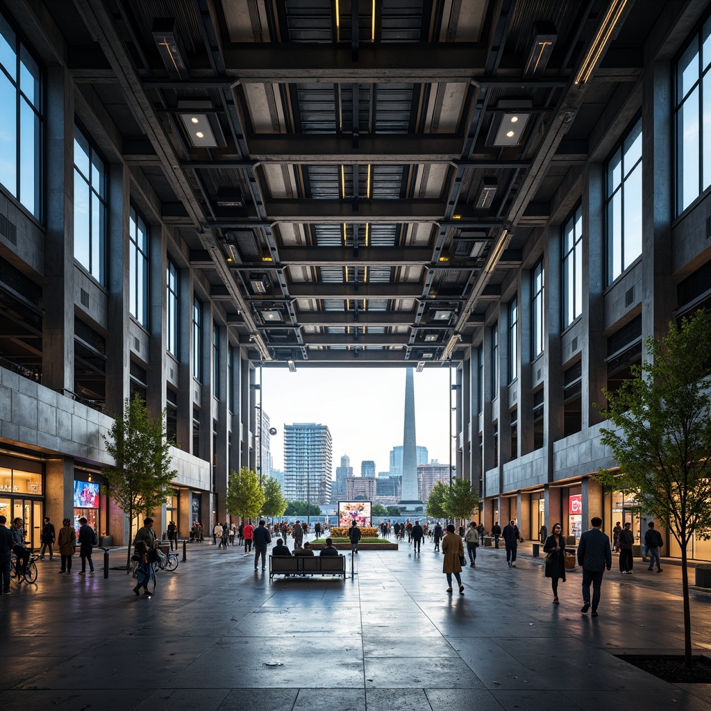 Prompt: Modern train station, steel framework, industrial aesthetic, exposed ductwork, metallic beams, sleek columns, high ceilings, grand entrance, bustling atmosphere, natural light pouring in, urban landscape, city skyline, busy streets, pedestrian traffic, vibrant advertisements, LED displays, futuristic ambiance, dynamic lighting, shallow depth of field, 1/2 composition, wide-angle lens, realistic reflections, ambient occlusion.