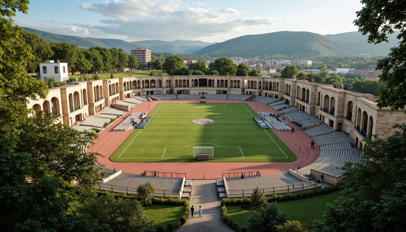 Prompt: Rustic football stadium, Romanesque architecture, stone walls, arched windows, green roofs, lush vegetation, rolling hills, natural scenery, serene atmosphere, warm sunny day, soft diffused lighting, shallow depth of field, 3/4 composition, panoramic view, realistic textures, ambient occlusion, tiered seating, grassy fields, athletic tracks, goalposts, scoreboard, floodlights, spectator stands, VIP lounges, concession booths, modern amenities.