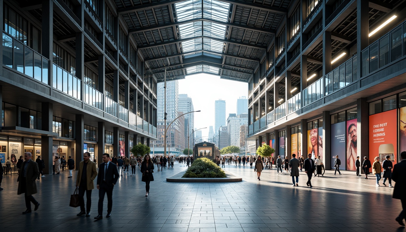 Prompt: Modern train station, steel framework, industrial aesthetic, exposed ductwork, metallic beams, sleek columns, high ceilings, grand entrance, bustling atmosphere, natural light pouring in, urban landscape, city skyline, busy streets, pedestrian traffic, vibrant advertisements, LED displays, futuristic ambiance, dynamic lighting, shallow depth of field, 1/2 composition, wide-angle lens, realistic reflections, ambient occlusion.