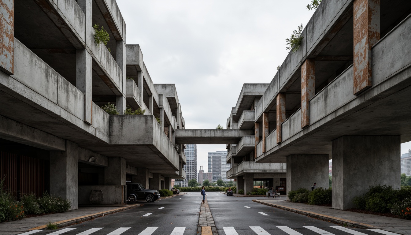 Prompt: Rugged brutalist architecture, exposed concrete surfaces, industrial textures, bold geometric forms, cantilevered structures, raw unfinished materials, urban cityscape, overcast skies, dramatic shadows, high-contrast lighting, 1/2 composition, low-angle shot, atmospheric perspective, detailed rust patterns, weathered steel beams, reinforced concrete columns, innovative formwork systems, modular construction methods, complex spatial relationships, abstract expressionist art influences.