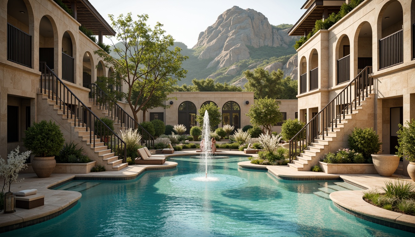 Prompt: Grandiose swimming pool, ornate fountains, majestic waterfalls, symmetrical staircases, elegant balustrades, refined stone carvings, classical columns, arched windows, soft turquoise water, lush greenery surroundings, natural rock formations, subtle misting systems, warm golden lighting, shallow depth of field, 1/2 composition, realistic textures, ambient occlusion.