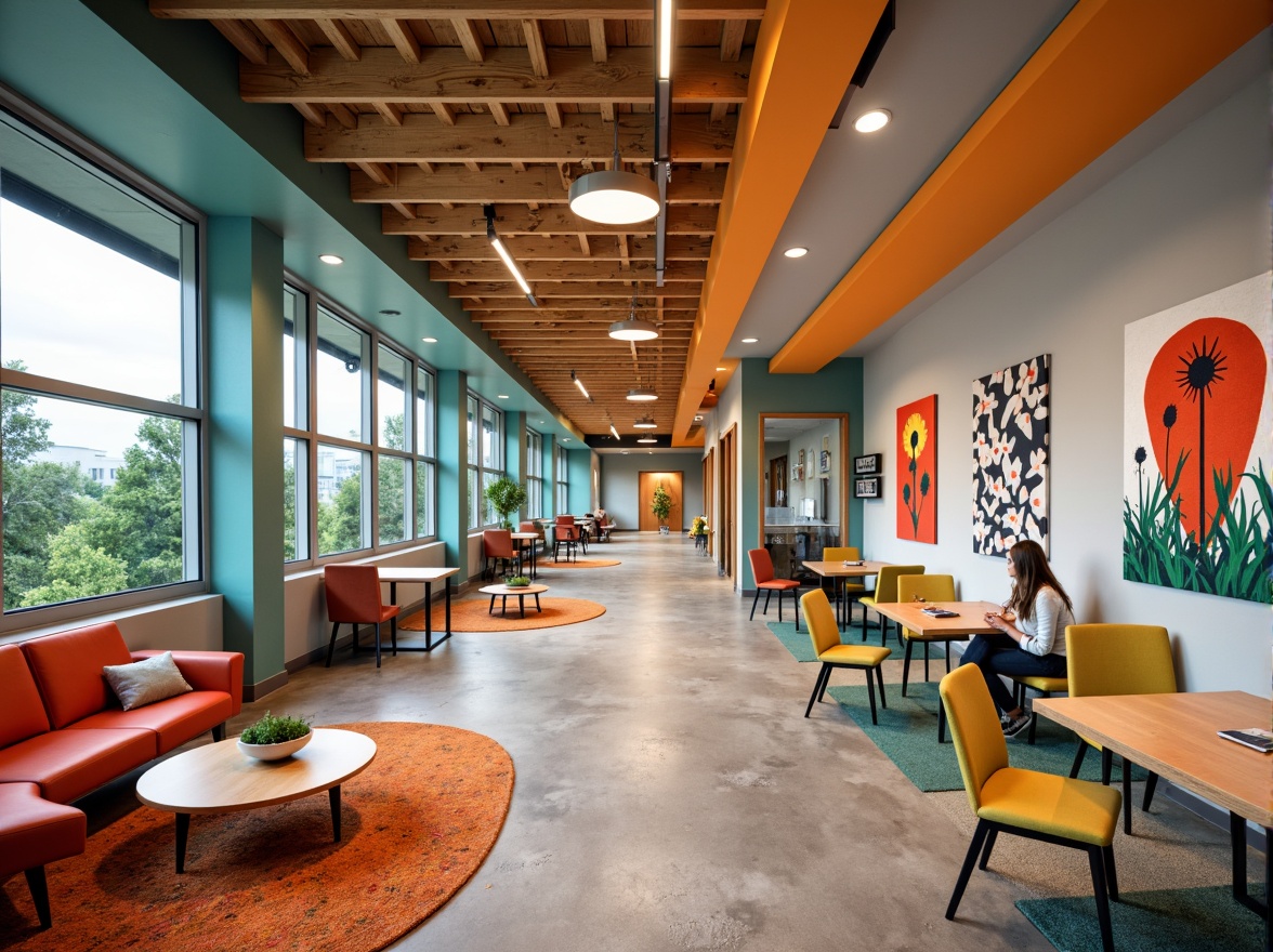 Prompt: Vibrant student halls, bold color schemes, energetic atmosphere, youthful furniture, modern amenities, communal spaces, collaborative learning areas, cozy private rooms, calming pastel shades, stimulating bright accents, natural wood tones, industrial chic decor, eclectic art pieces, lively patterned rugs, warm task lighting, soft ambient glow, 3/4 composition, shallow depth of field, realistic textures.