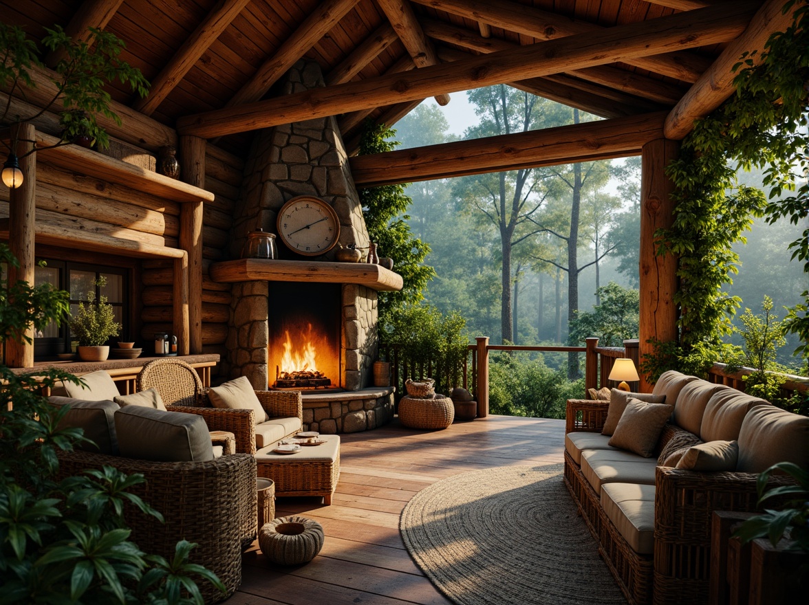 Prompt: Rustic wooden cabin, natural stone walls, earthy tones, reclaimed wood accents, woven wicker furniture, plush greenery, vines crawling up walls, warm candlelight, cozy fireplace, crackling sounds, organic textures, earthy aromas, serene forest surroundings, misty morning atmosphere, soft diffused lighting, 1/1 composition, intimate close-up shots, realistic material rendering.