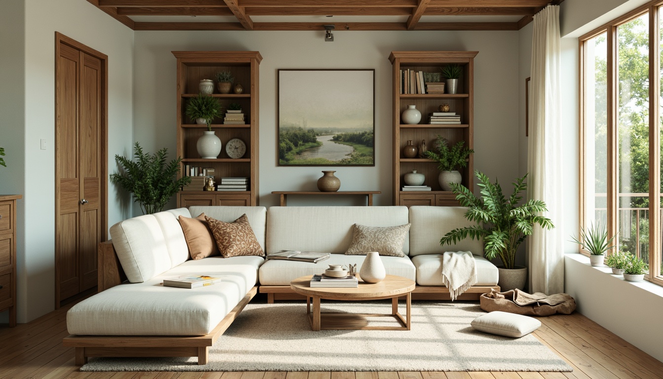 Prompt: Soft celadon hues, creamy whites, warm beige tones, rich wood accents, natural textiles, organic shapes, earthy ceramics, botanical patterns, lush greenery, serene ambiance, soft diffused lighting, shallow depth of field, 1/1 composition, intimate atmosphere, cozy reading nooks, plush furnishings, vintage decorative items, distressed wood finishes, nature-inspired color palette, calming mood, peaceful retreat.