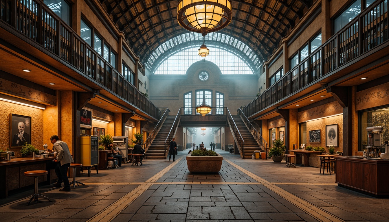 Prompt: Vibrant train station, expressionist architecture, bold geometric shapes, contrasting colors, warm golden lighting, industrial metal beams, distressed brick walls, ornate ironwork, grand staircases, intricate mosaics, eclectic art deco patterns, rich wood accents, vintage luggage carts, nostalgic steam engine details, atmospheric foggy day, dramatic shadows, cinematic low-angle shot, 1/2 composition, moody warm color grading, realistic textures, ambient occlusion.