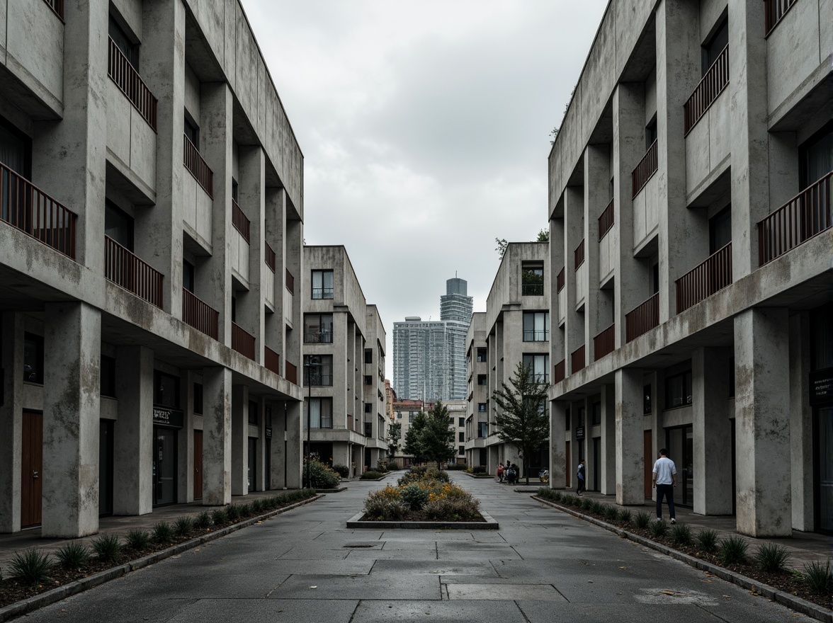 Prompt: Rugged student halls, brutalist architecture, raw concrete fa\u00e7ade, fortress-like structure, angular lines, geometric shapes, industrial materials, metal beams, exposed ductwork, minimalist design, functional simplicity, urban landscape, cityscape background, overcast sky, dramatic shadows, high-contrast lighting, 1/1 composition, symmetrical framing, realistic textures, ambient occlusion.