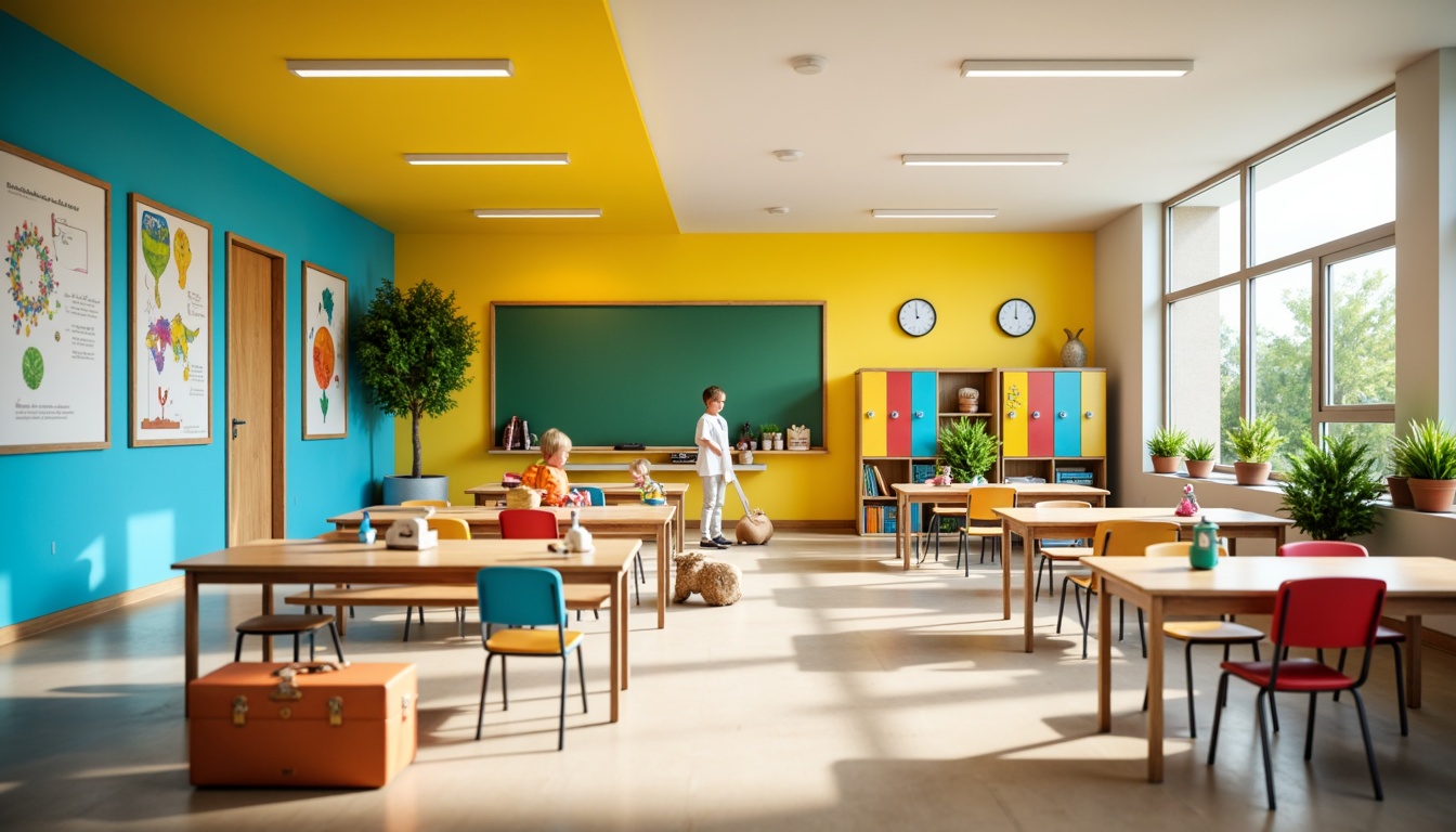 Prompt: Vibrant elementary school, playful kindergarten, bright yellow walls, sky blue accents, green chalkboard, wooden desks, colorful lockers, educational posters, natural light, open classrooms, modern furniture, ergonomic chairs, collaborative learning spaces, interactive whiteboards, stimulating color scheme, warm beige floors, soft pastel shades, calming atmosphere, shallow depth of field, 1/1 composition, realistic textures, ambient occlusion.