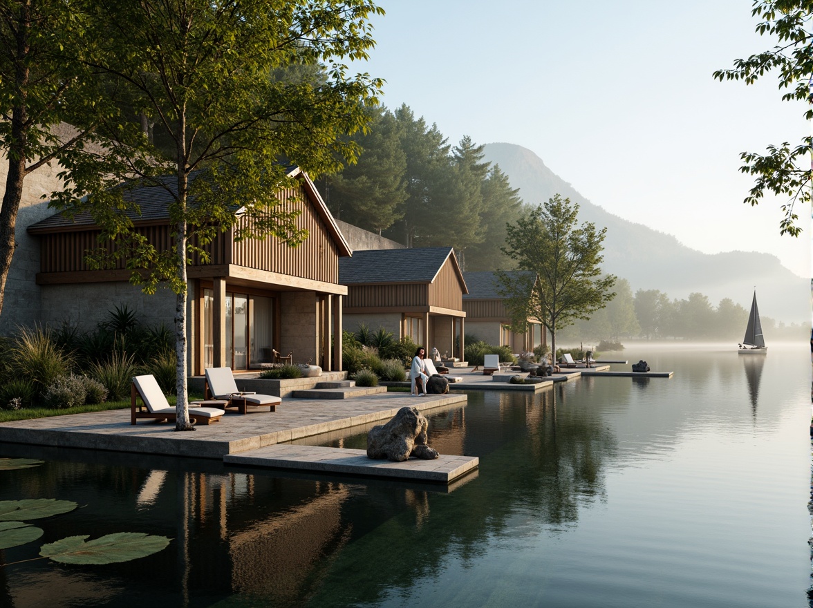 Prompt: \Soothing lakefront architecture, serene water reflections, lush greenery, natural stone walls, wooden docks, sailboats, calm misty mornings, soft warm lighting, shallow depth of field, 3/4 composition, panoramic view, realistic textures, ambient occlusion, earthy tones, blues and greens color palette, weathered wood accents, rustic metal details, cozy cabin-inspired design, nautical elements, driftwood decorations, lake-inspired sculptures.\