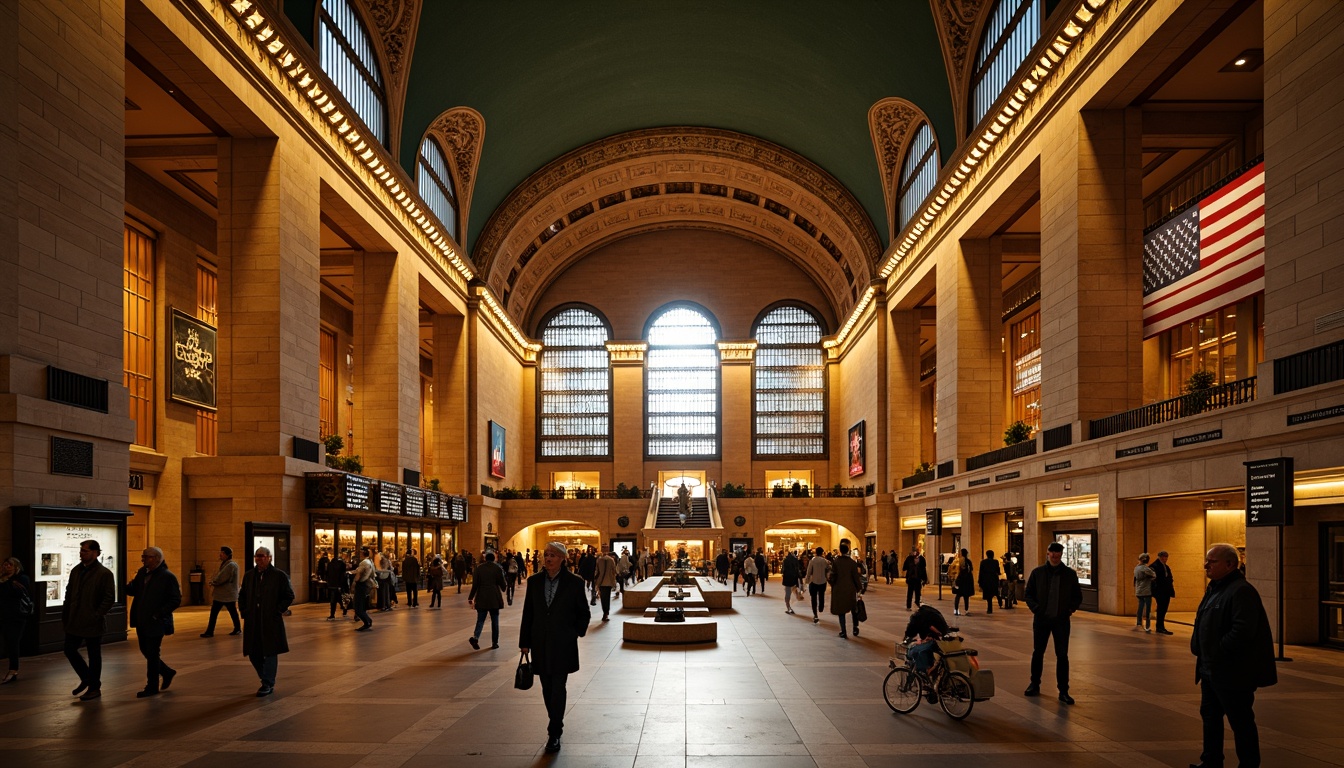 Prompt: Grand archways, ornate columns, vaulted ceilings, intricate stone carvings, warm golden lighting, bustling metro station, Romanesque style architecture, rustic brick walls, grand staircases, elegant balconies, ornamental ironwork, vintage advertisements, classic clock towers, busy pedestrian traffic, shallow depth of field, 1/2 composition, realistic textures, ambient occlusion.