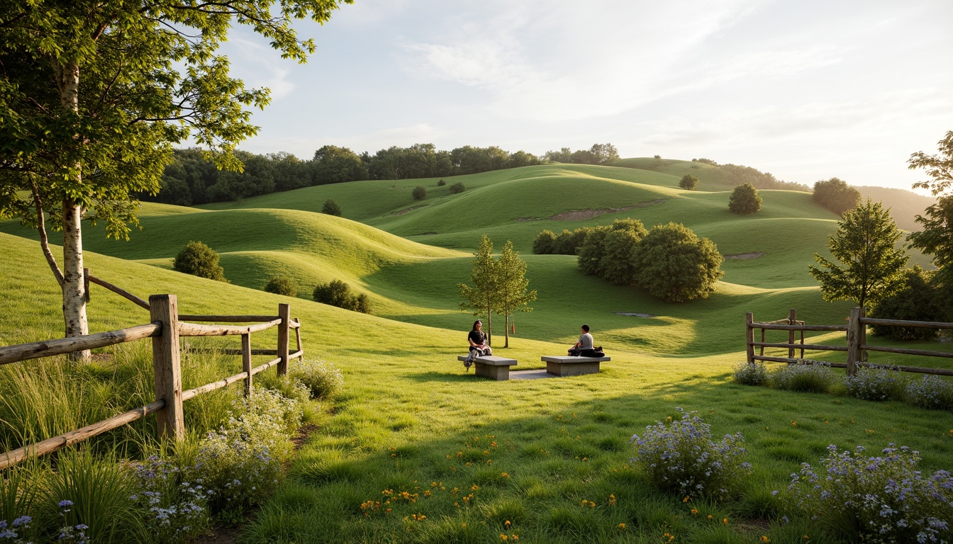 Prompt: Rolling hills, lush green grass, wildflowers, meandering pathways, rustic wooden fences, natural stone benches, serene atmosphere, warm sunlight, soft breeze, shallow depth of field, 3/4 composition, panoramic view, realistic textures, ambient occlusion, gentle slopes, scattered trees, native plant species, eco-friendly maintenance, sustainable irrigation systems, minimalist design, organic shapes, earthy color palette.