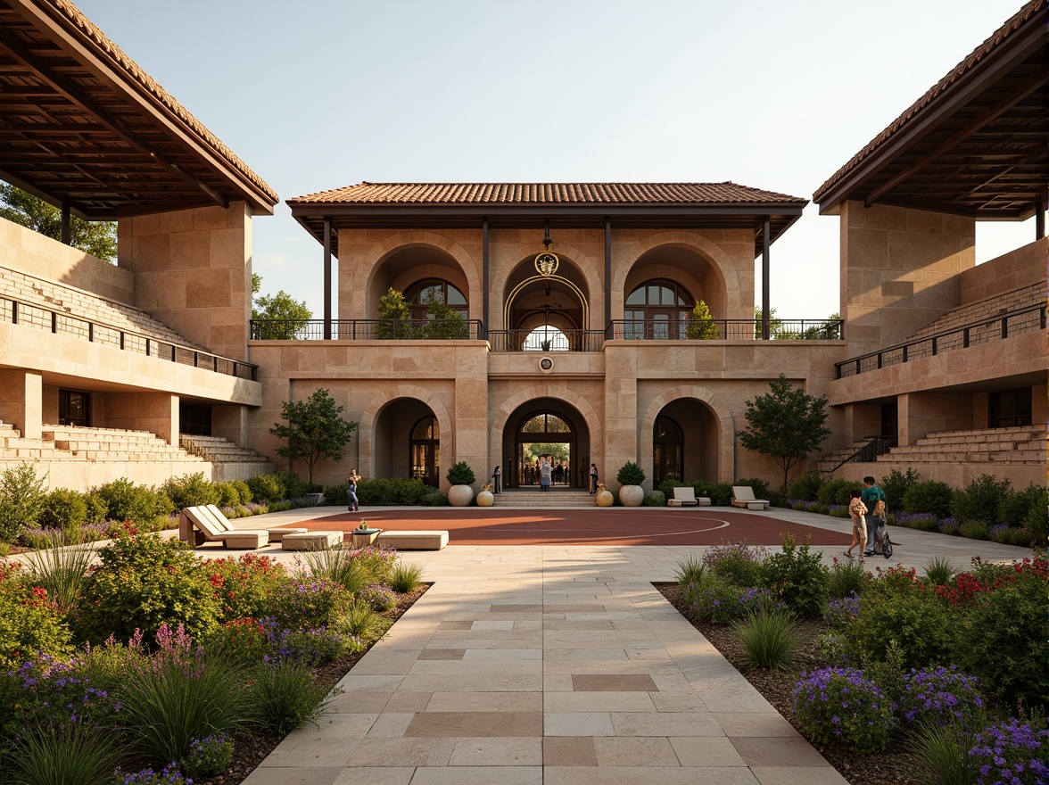 Prompt: Earth-toned football stadium, rustic stone fa\u00e7ade, terracotta roof tiles, arched windows, ornate carvings, grandiose entrance gates, lush greenery, vibrant flowers, natural stone walkways, warm beige seating areas, earthy brown athletic tracks, golden accents, soft warm lighting, shallow depth of field, 3/4 composition, panoramic view, realistic textures, ambient occlusion.