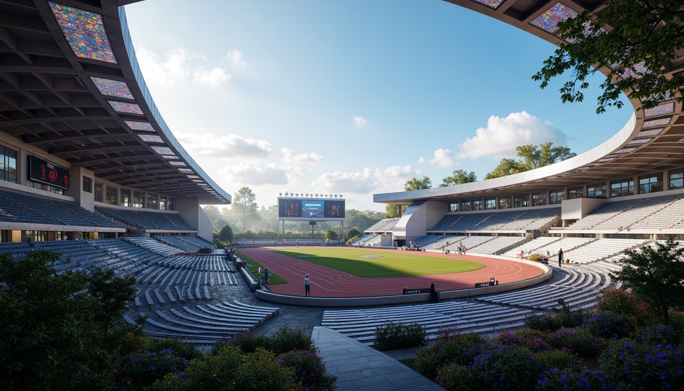 Prompt: Futuristic sports complex, undulating terrain, neon-lit athletic tracks, sleek metallic bleachers, holographic scoreboards, iridescent stadium roofs, glowing accents, vibrant LED lighting, misty atmospheric effects, shallow depth of field, 3/4 composition, panoramic view, realistic textures, ambient occlusion, lush greenery, tropical plants, palm trees, sunny day, warm soft focus, dynamic camera movements.