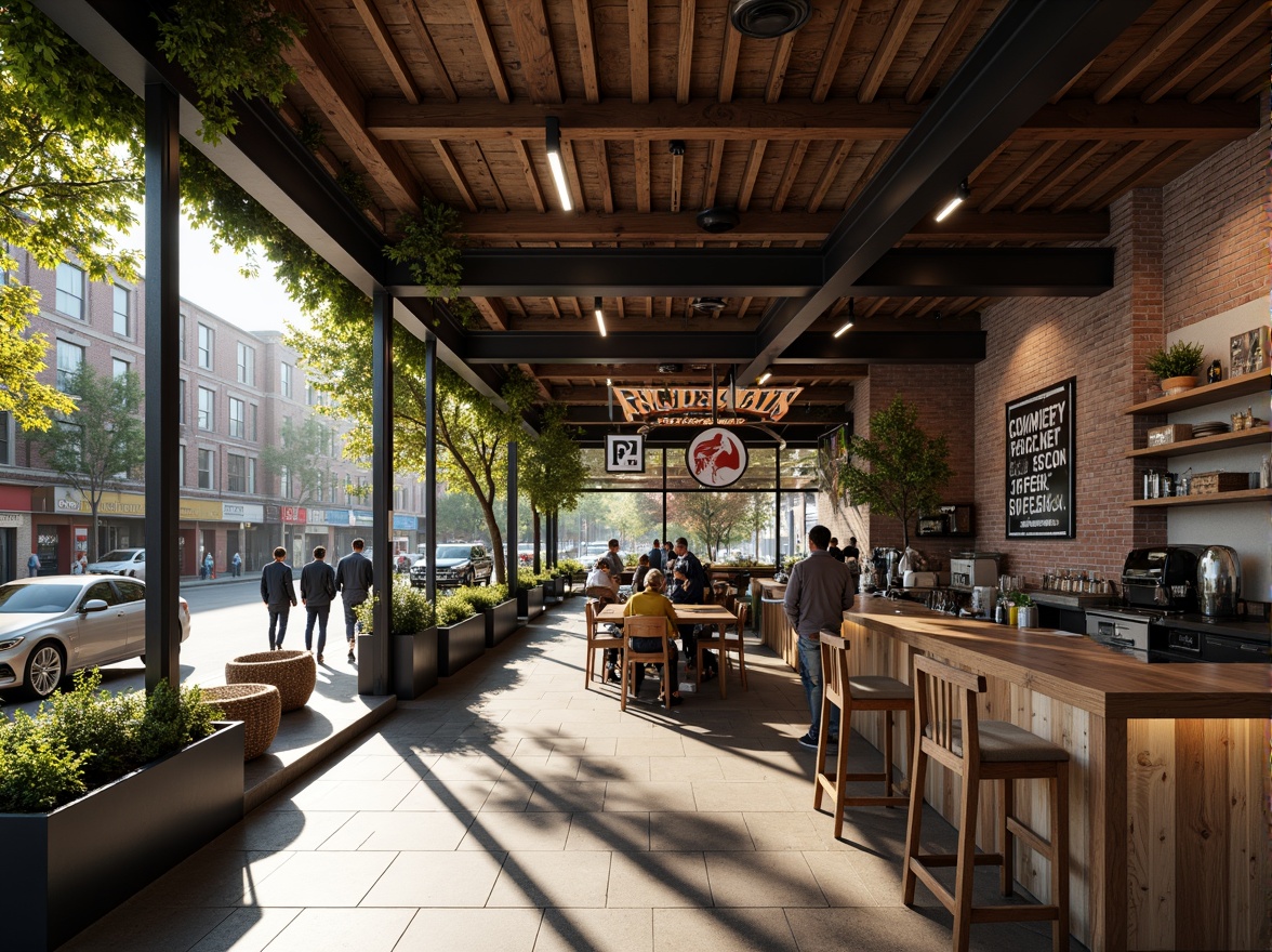 Prompt: Industrial-chic urban coffee shop, exposed brick walls, metal beams, reclaimed wood accents, large glass windows, sliding doors, minimalist signage, modern street art, bustling city streets, morning sunlight, warm cozy lighting, shallow depth of field, 1/2 composition, realistic textures, ambient occlusion.