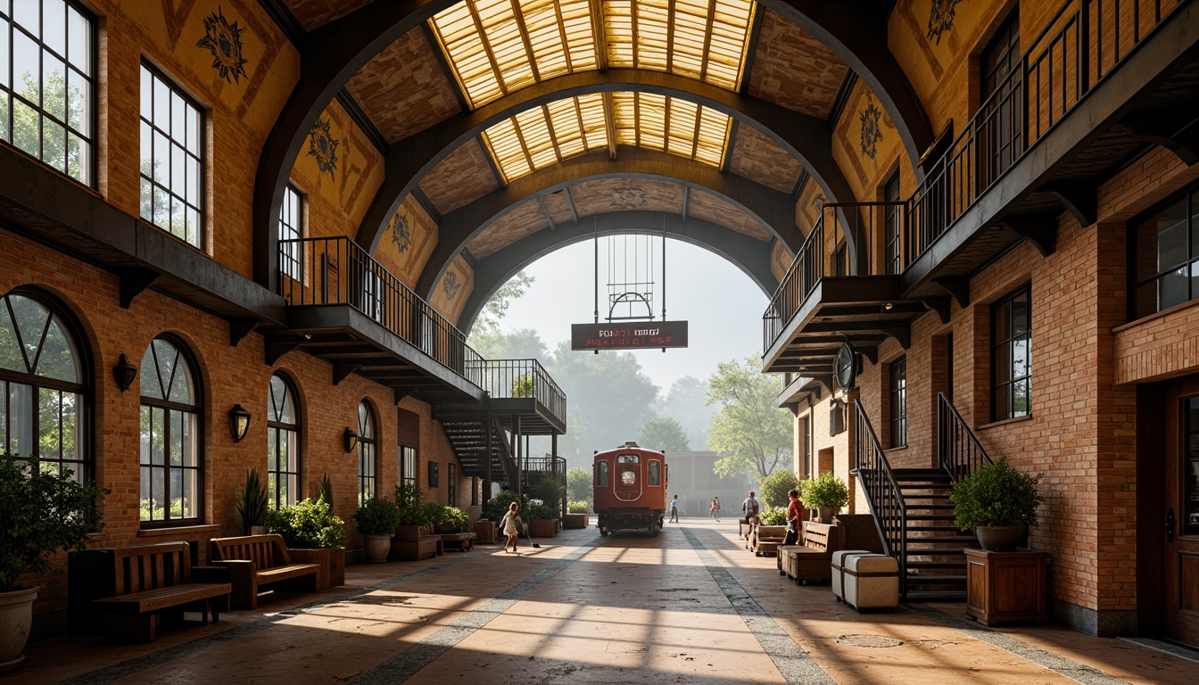 Prompt: Vibrant train station, expressionist architecture, bold geometric shapes, contrasting colors, warm golden lighting, industrial metal beams, distressed brick walls, ornate ironwork, grand staircases, intricate mosaics, eclectic art deco patterns, rich wood accents, vintage luggage carts, nostalgic steam engine details, atmospheric foggy day, dramatic shadows, cinematic low-angle shot, 1/2 composition, moody warm color grading, realistic textures, ambient occlusion.