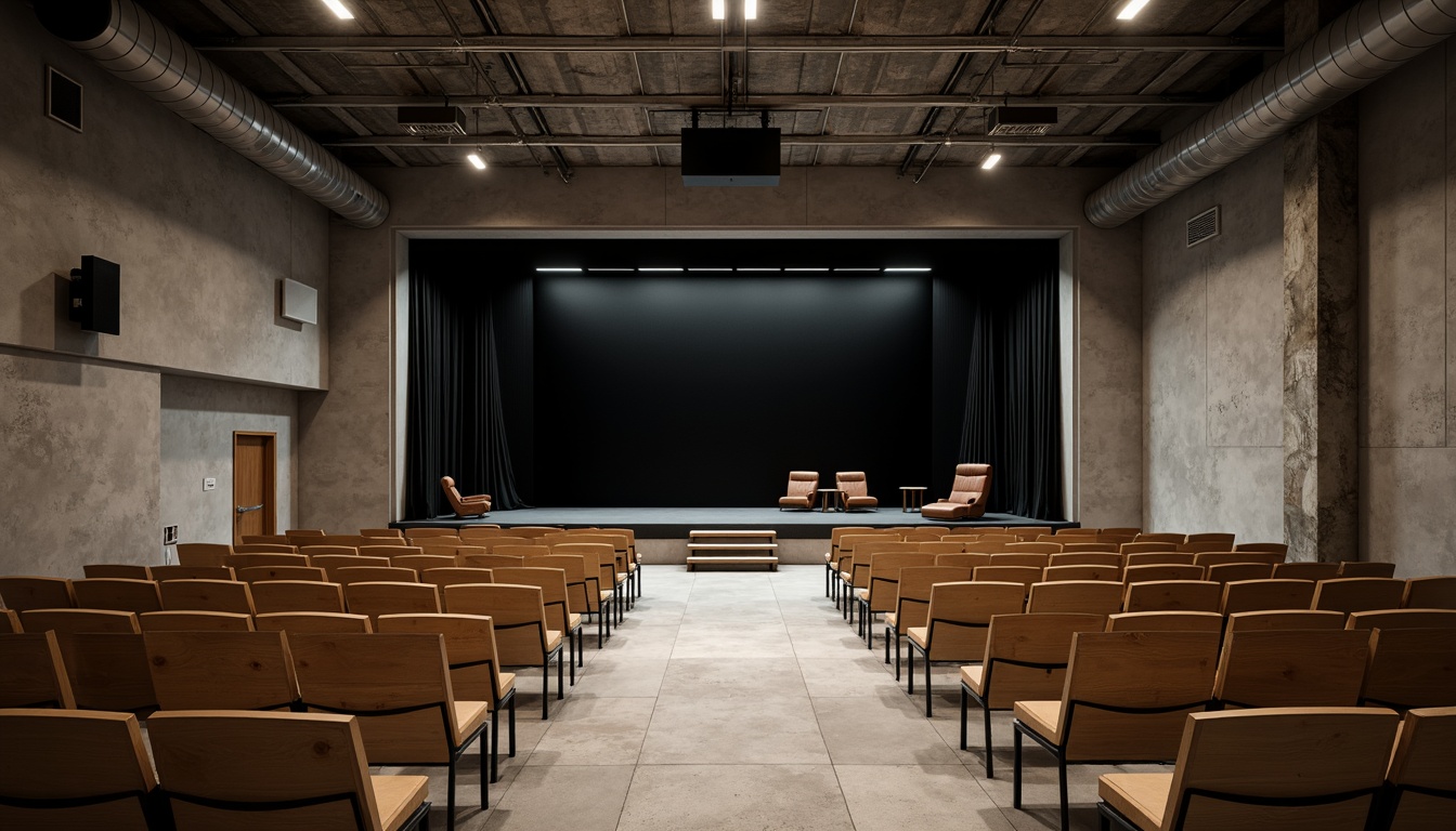 Prompt: Minimalist theater interior, concrete floors, industrial metal beams, exposed ductwork, simple wooden seats, sleek black stage, subtle LED lighting, dramatic spotlights, acoustic panels, sound-absorbing materials, neutral color palette, monochromatic tones, clean lines, minimal ornamentation, functional simplicity, urban loft atmosphere, high ceilings, open space, flexible seating arrangements, movable partitions, versatile performance areas, warm ambient glow, soft shadows, 1/1 composition, realistic textures, subtle reflections.