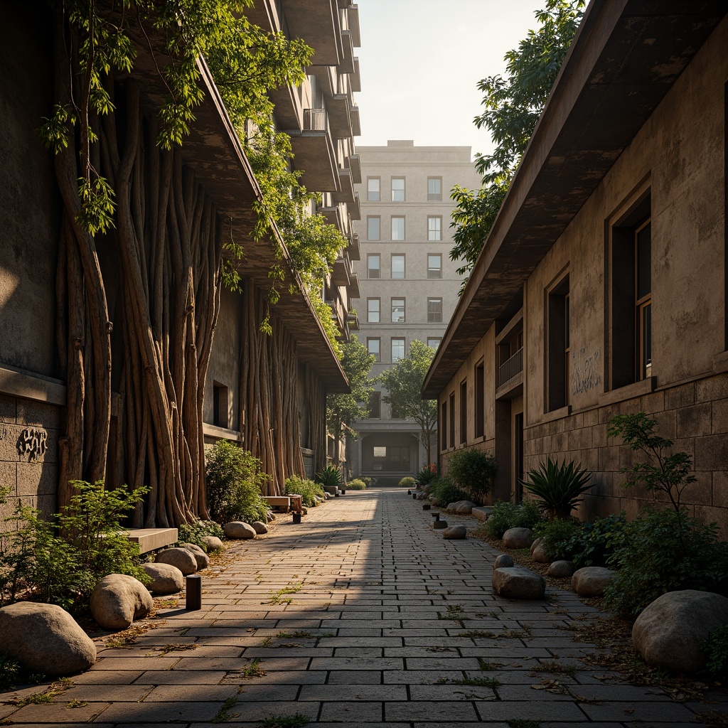 Prompt: Rugged rocky terrain, weathered stone walls, moss-covered boulders, ancient tree roots, twisted metal beams, distressed wooden planks, worn brick pathways, faded graffiti, urban cityscape, misty atmospheric perspective, warm golden lighting, high contrast ratio, shallow depth of field, 2/3 composition, cinematic camera angle, realistic normal mapping, ambient occlusion.