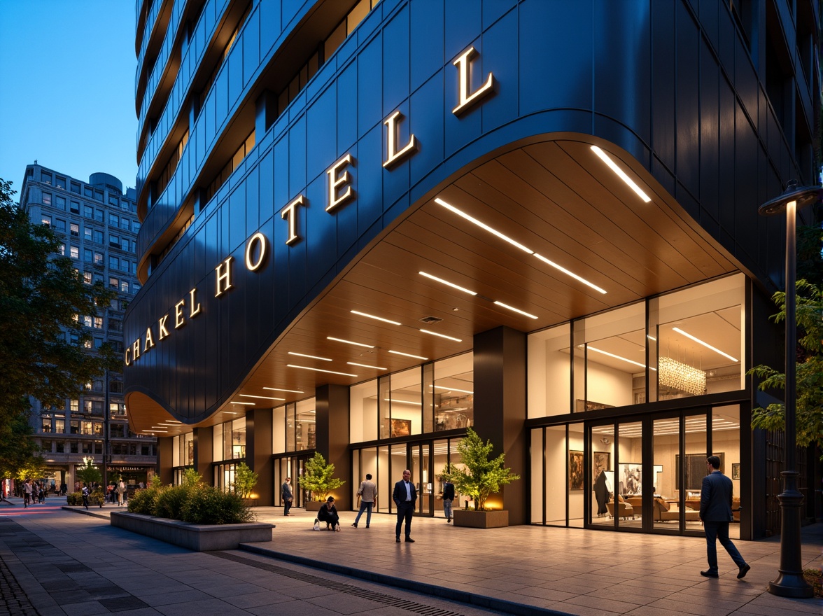 Prompt: Curved hotel facade, sleek metallic cladding, minimalist entrance, revolving doors, spacious lobby, high ceilings, marble flooring, modern chandeliers, luxurious furnishings, ambient lighting, warm color scheme, urban cityscape, busy streets, vibrant nightlife, 1/1 composition, shallow depth of field, soft focus, realistic textures, subtle reflections.