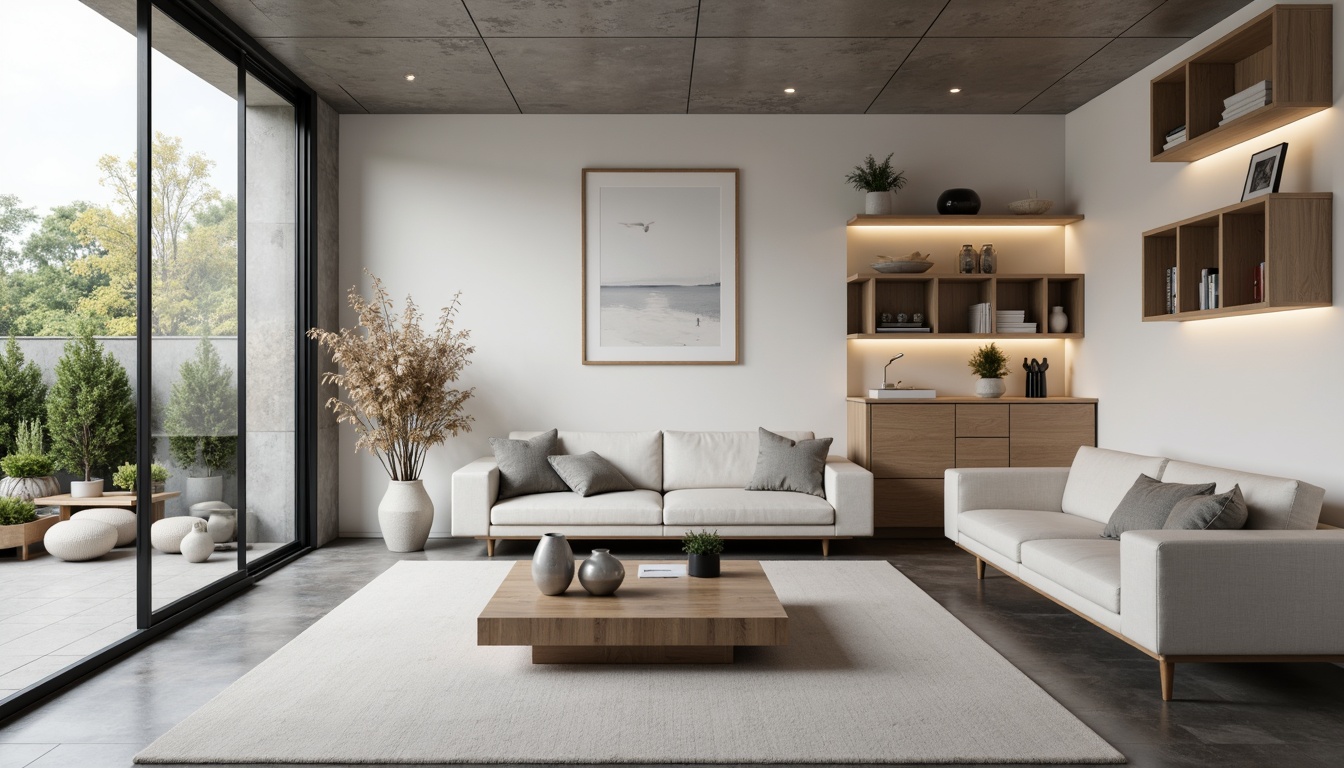 Prompt: Minimalist living room, sleek low-profile furniture, monochromatic color scheme, polished concrete floors, floor-to-ceiling windows, natural light pouring in, sparse decorative elements, geometric-shaped coffee table, Scandinavian-inspired wooden accents, hidden storage compartments, multi-functional spaces, compact kitchenette, induction cooktop, wall-mounted shelves, recessed lighting, soft warm glow, shallow depth of field, 1/1 composition, realistic textures, ambient occlusion.