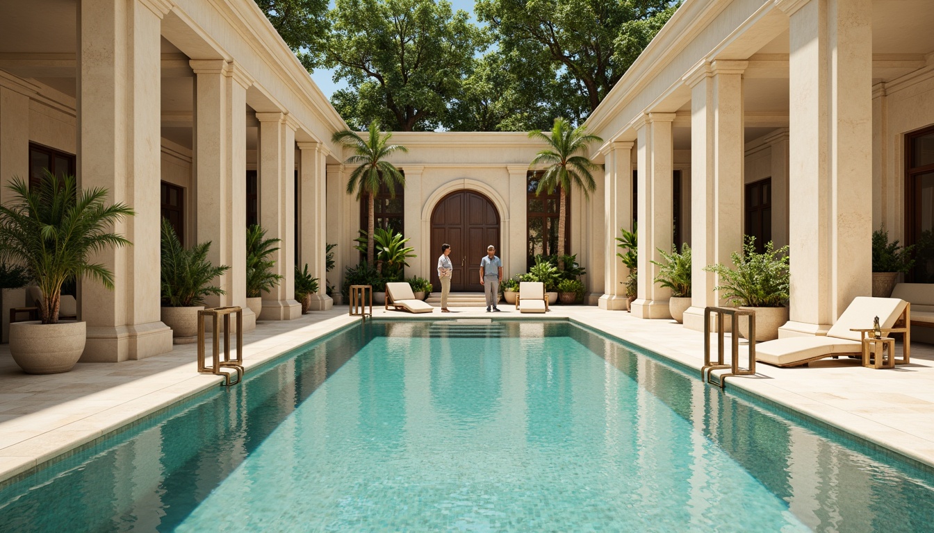 Prompt: Elegant neoclassical swimming pool, soft cream marble, ornate bronze fixtures, turquoise water, subtle gradient shading, warm golden lighting, symmetrical composition, classical columns, intricate moldings, ornamental fountains, lush greenery surroundings, sunny day, shallow depth of field, 1/2 composition, realistic textures, ambient occlusion.