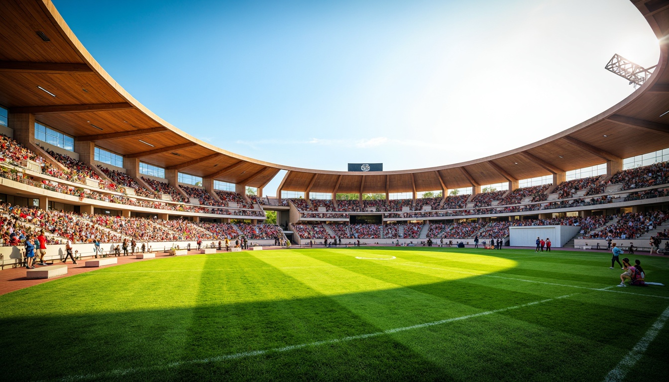 Prompt: Curved organic stadium design, lush green grass, natural stone seating areas, wooden benches, vibrant team colors, dynamic crowd atmosphere, sunny day, soft warm lighting, shallow depth of field, 3/4 composition, panoramic view, realistic textures, ambient occlusion, tiered seating arrangement, comfortable spectator experience, accessible concession stands, modern amenities, eco-friendly materials, innovative ventilation systems, shaded outdoor spaces.