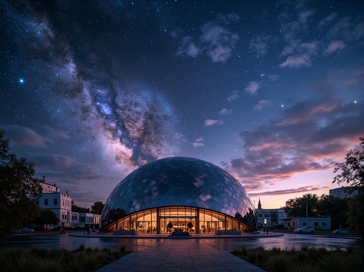 Prompt: Celestial dome, starry night sky, twinkling lights, romantic ambiance, futuristic planetarium, spherical structure, gleaming metallic surface, soft glowing illumination, nebula-inspired patterns, swirling clouds, misty atmosphere, dreamy quality, shallow depth of field, 1/1 composition, panoramic view, realistic textures, ambient occlusion.