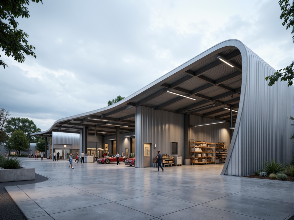 Prompt: Sleek warehouse, modern industrial design, streamlined roof profile, curved metal sheets, silver-gray color scheme, minimalist aesthetic, functional simplicity, high ceilings, exposed ductwork, polished concrete floors, steel beams, industrial lighting fixtures, overhead cranes, storage racks, loading docks, urban landscape, cloudy sky, soft diffused light, shallow depth of field, 2/3 composition, realistic textures, ambient occlusion.