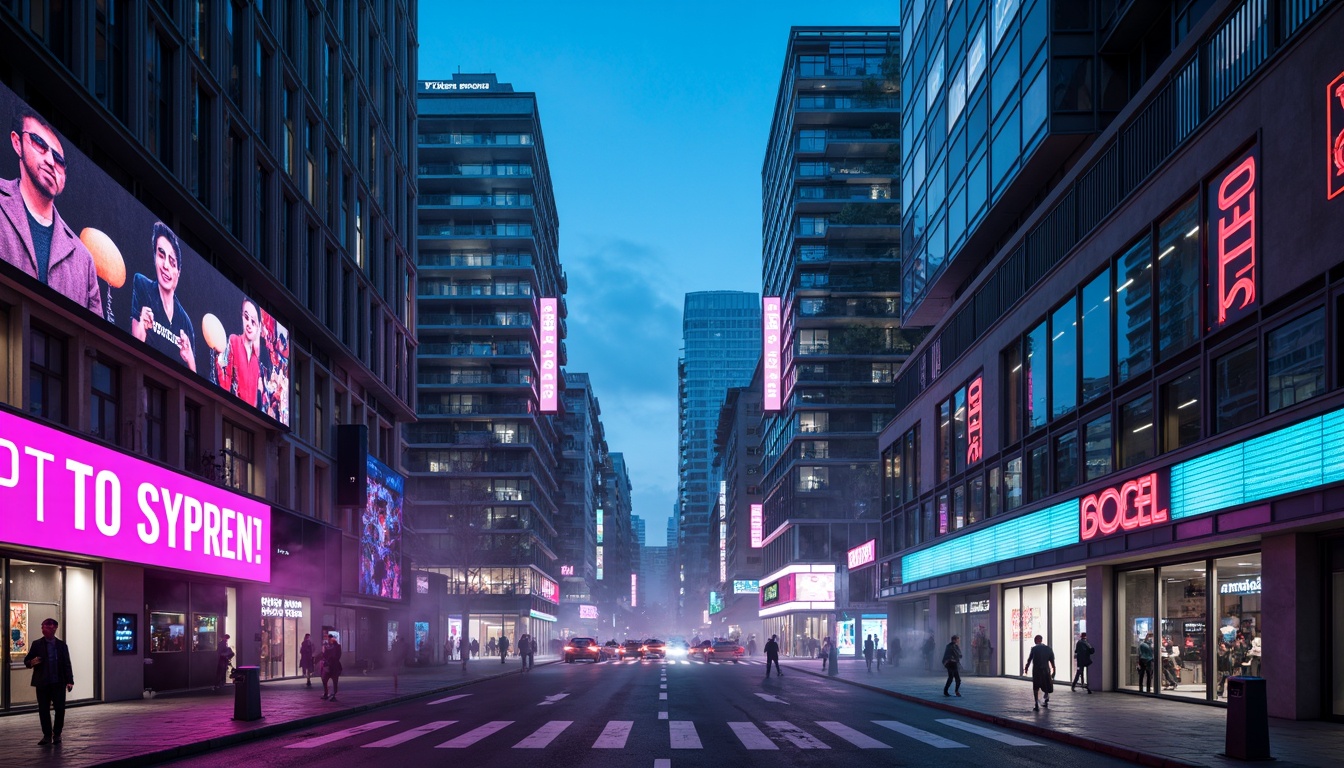 Prompt: Neon-lit skyscrapers, iridescent glass facades, metallic silver accents, holographic advertisements, luminescent LED lights, electric blue hues, vibrant pink neon signs, sleek chrome details, futuristic urban landscapes, cyberpunk cityscapes, dystopian alleys, retro-futuristic nostalgia, atmospheric mist effects, cinematic lighting, high-contrast shadows, 3/4 composition, symmetrical architecture, geometric patterns, abstract shapes, avant-garde design elements.