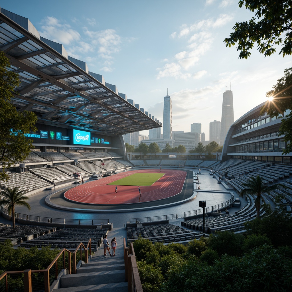 Prompt: Futuristic sports complex, undulating terrain, neon-lit athletic tracks, sleek metallic bleachers, holographic scoreboards, iridescent stadium roofs, glowing accents, vibrant LED lighting, misty atmospheric effects, shallow depth of field, 3/4 composition, panoramic view, realistic textures, ambient occlusion, lush greenery, tropical plants, palm trees, sunny day, warm soft focus, dynamic camera movements.