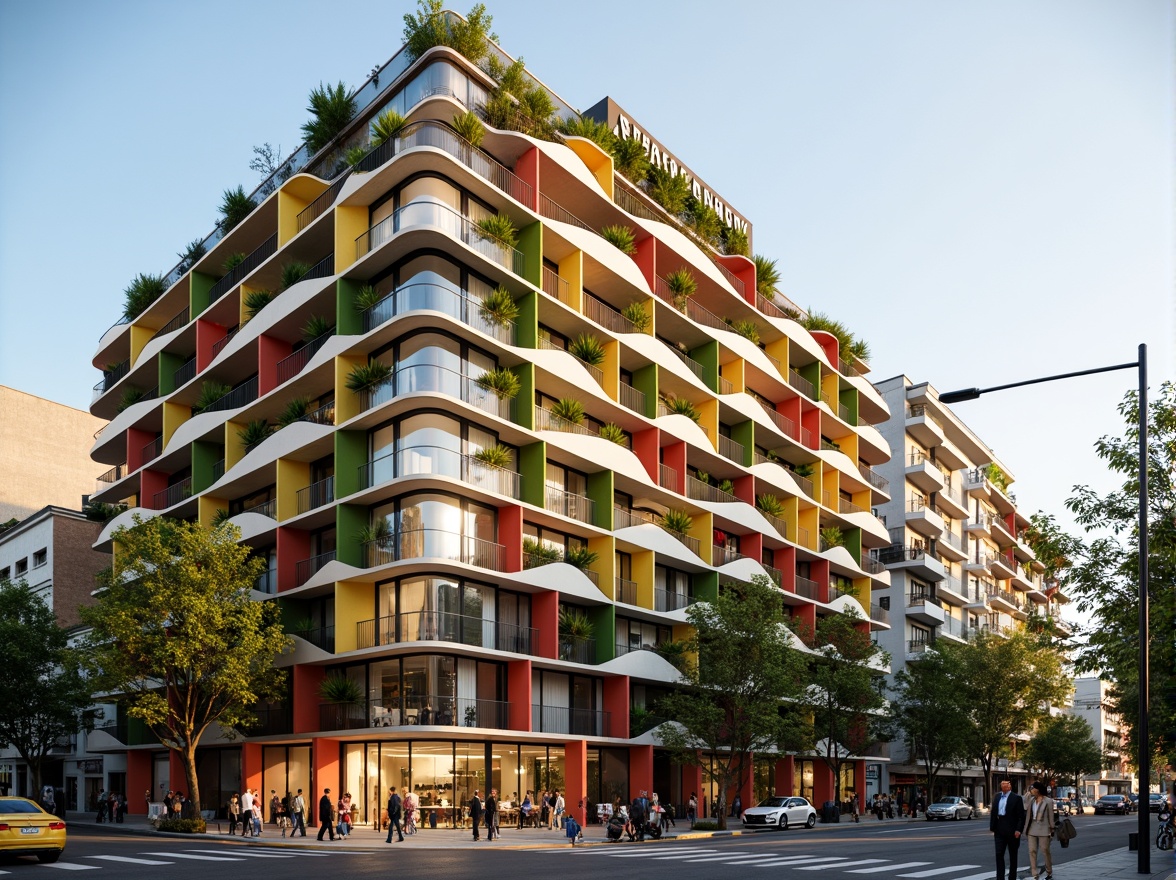 Prompt: Vibrant social housing complex, modern facade design, bold color schemes, geometric patterns, angular balconies, cantilevered roofs, sustainable materials, green walls, vertical gardens, urban landscape, bustling city streets, morning sunlight, soft warm lighting, shallow depth of field, 3/4 composition, panoramic view, realistic textures, ambient occlusion.