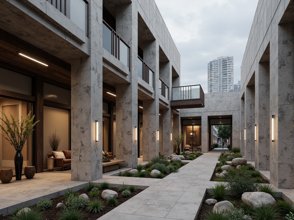 Prompt: Rustic brutalist architecture, exposed concrete walls, rough stone textures, metallic accents, industrial materials, minimalist decor, functional design, urban cityscape, overcast sky, dramatic shadows, high-contrast lighting, 1/1 composition, symmetrical framing, abstract geometric patterns, monochromatic color scheme, weathered steel beams, raw wood elements, distressed finishes, brutalist sculptures, avant-garde art installations.