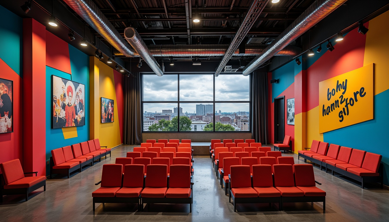 Prompt: Vibrant auditorium, bold primary colors, geometric shapes, industrial materials, exposed ductwork, metal beams, concrete floors, minimalist seating, functional lighting, dramatic spotlights, rich wood accents, bold typography, abstract artwork, urban cityscape, cloudy day, high contrast lighting, shallow depth of field, 2/3 composition, cinematic view, realistic textures, ambient occlusion.