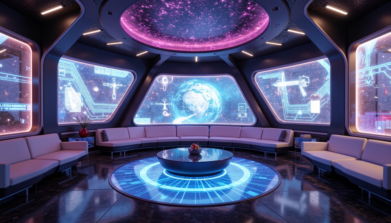 Prompt: Futuristic interior, neon-lit ambiance, holographic projections, sleek metallic surfaces, minimalist decor, levitating furniture, transparent glass floors, curved lines, geometric patterns, ambient lighting, soft glow, 3/4 composition, shallow depth of field, panoramic view, realistic textures, ambient occlusion, virtual reality interfaces, augmented reality displays, cyberpunk-inspired color schemes, iridescent materials, holographic windows, zero-gravity environments.