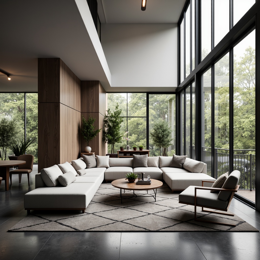 Prompt: Modern living room, minimalist decor, sleek lines, monochromatic color scheme, floor-to-ceiling windows, natural light pouring in, comfortable seating area, plush sofas, geometric-patterned rugs, industrial-chic coffee table, greenery accents, ambient lighting, soft warm glow, shallow depth of field, 3/4 composition, panoramic view, realistic textures, ambient occlusion.