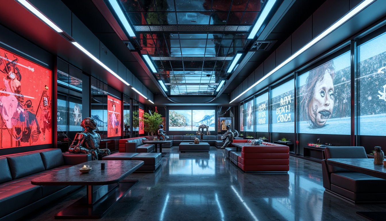 Prompt: Futuristic interior, metallic surfaces, neon-lit accents, iridescent glass panels, holographic displays, sleek carbon fiber furniture, high-gloss finishes, LED lighting strips, translucent acrylic walls, minimalist decor, avant-garde sculptures, futuristic gadgets, virtual reality interfaces, cyberpunk-inspired color schemes, dark ambient lighting, shallow depth of field, 1/1 composition, cinematic camera angles, realistic reflections, advanced material textures.