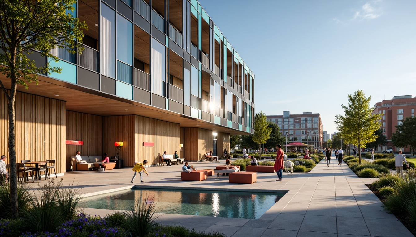 Prompt: Contemporary community center, reflective glass fa\u00e7ade, minimalist interior design, open floor plan, natural light pouring in, wooden accents, comfortable seating areas, vibrant color schemes, interactive public art installations, dynamic LED lighting, flexible multipurpose spaces, acoustic panels, collaborative workspaces, educational resources, inclusive accessibility features, calming water features, lush greenery surroundings, sunny day, soft warm lighting, shallow depth of field, 3/4 composition, panoramic view, realistic textures, ambient occlusion.