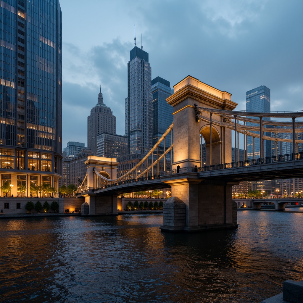 Prompt: Grandiose Baroque-style bridge, ornate stone carvings, sweeping arches, majestic river views, urban cityscape, modern skyscrapers, bustling streets, vibrant streetlights, misty evening atmosphere, warm golden lighting, shallow depth of field, 1/2 composition, symmetrical framing, realistic water reflections, ambient occlusion.