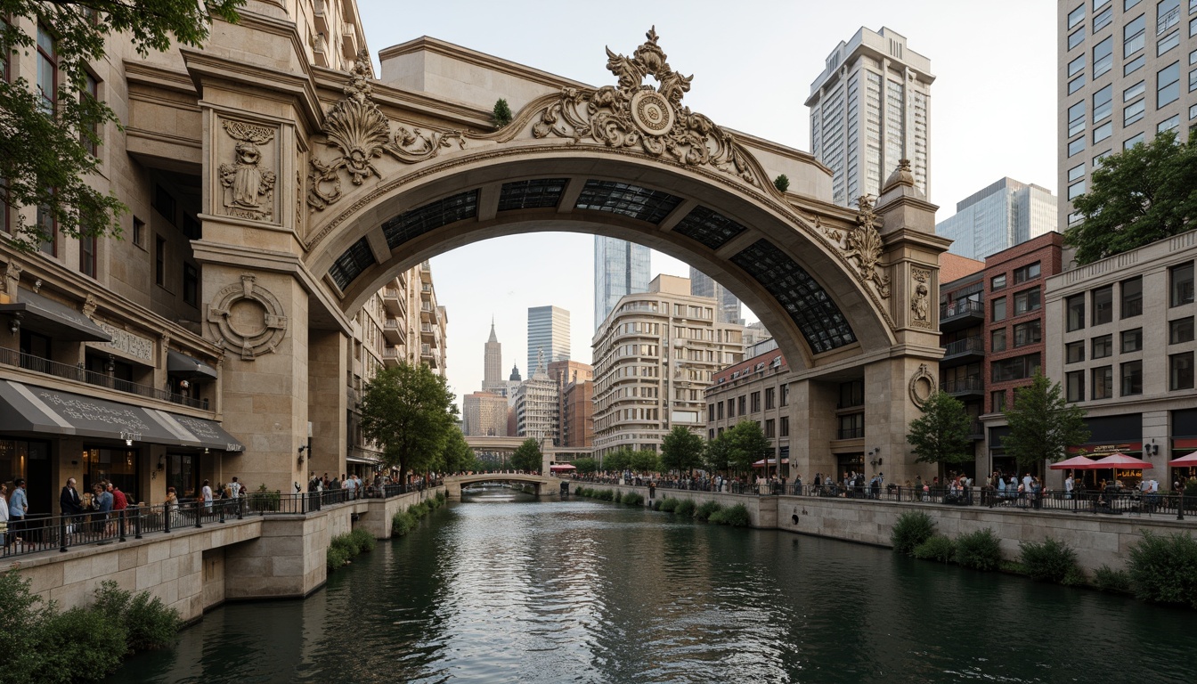 Prompt: Grandiose Baroque-style bridge, ornate stone carvings, sweeping arches, majestic pillars, intricate ironwork, vibrant urban landscape, bustling city streets, modern skyscrapers, eclectic architectural fusion, lush greenery, tranquil water features, soft warm lighting, shallow depth of field, 3/4 composition, panoramic view, realistic textures, ambient occlusion.