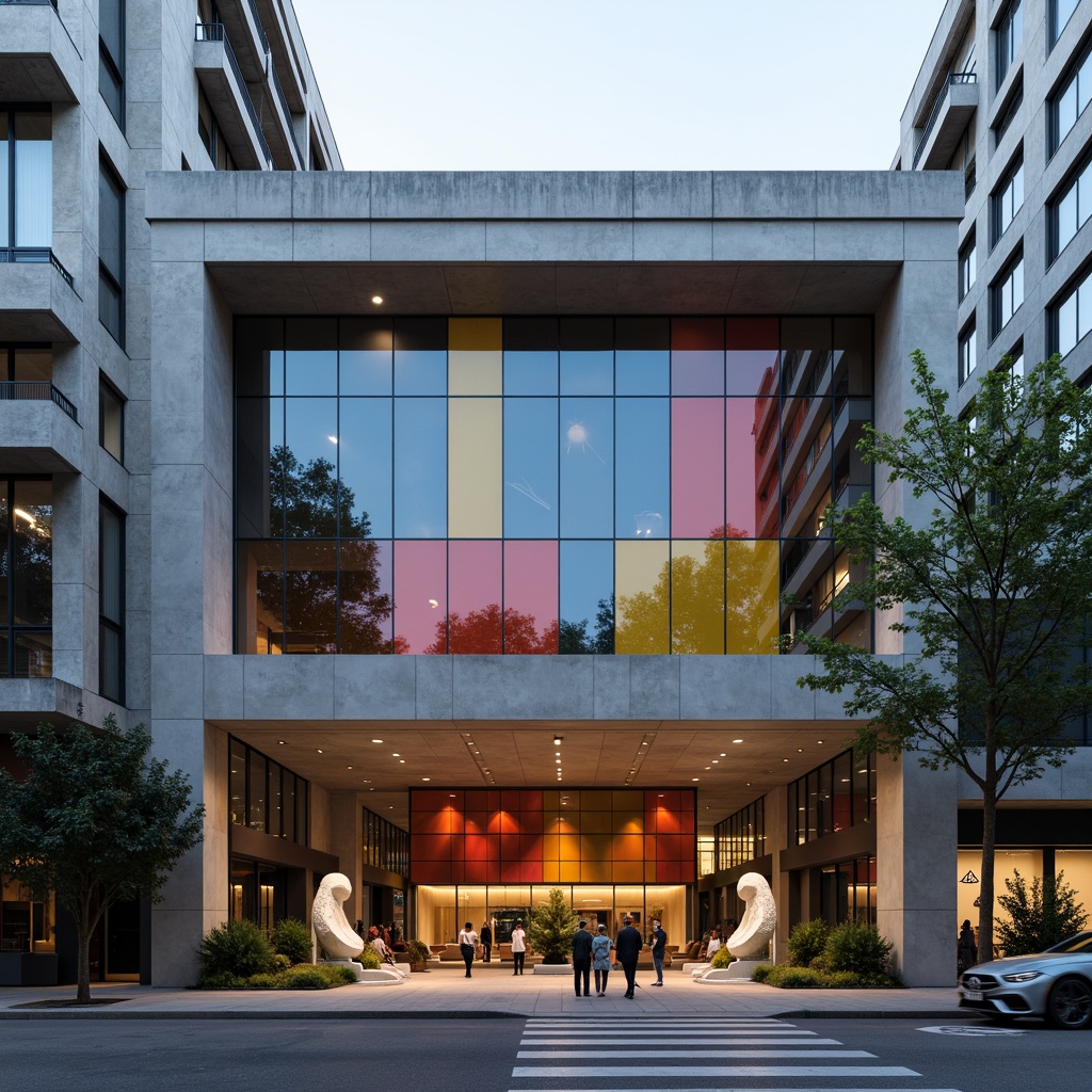 Prompt: Geometric auditorium facade, asymmetrical composition, rectangular forms, industrial materials, exposed concrete walls, steel beams, minimalist ornamentation, functional simplicity, bold color blocking, primary color accents, cantilevered canopies, angular rooflines, large glass windows, transparent doors, urban cityscape, busy street scene, modernist architecture, brutalist influences, abstract sculptures, futuristic lighting fixtures, dramatic spotlights, high-contrast shading, 2/3 composition, cinematic framing, realistic reflections.